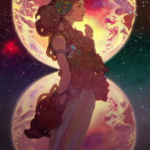 Image similar to highly detailed digital of colorful nebulas, planets in the background, highly detailed, intricate design, cinematic view, 8 k resolution, artstation by alphonse mucha, moebius, krenz cushart