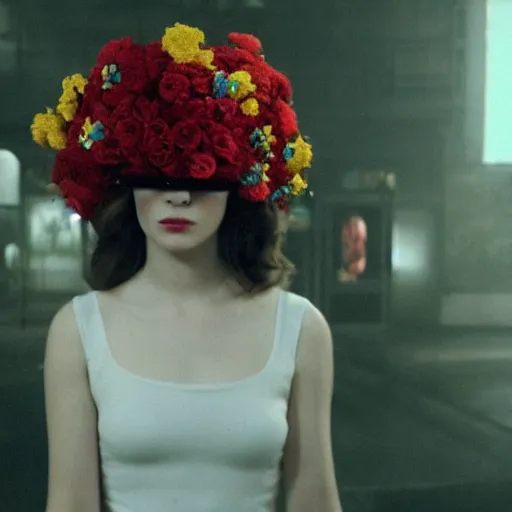 Image similar to movie still of a girl with a cyborg flowers helmet, cinematic composition, cinematic light, by edgar wright and david lynch