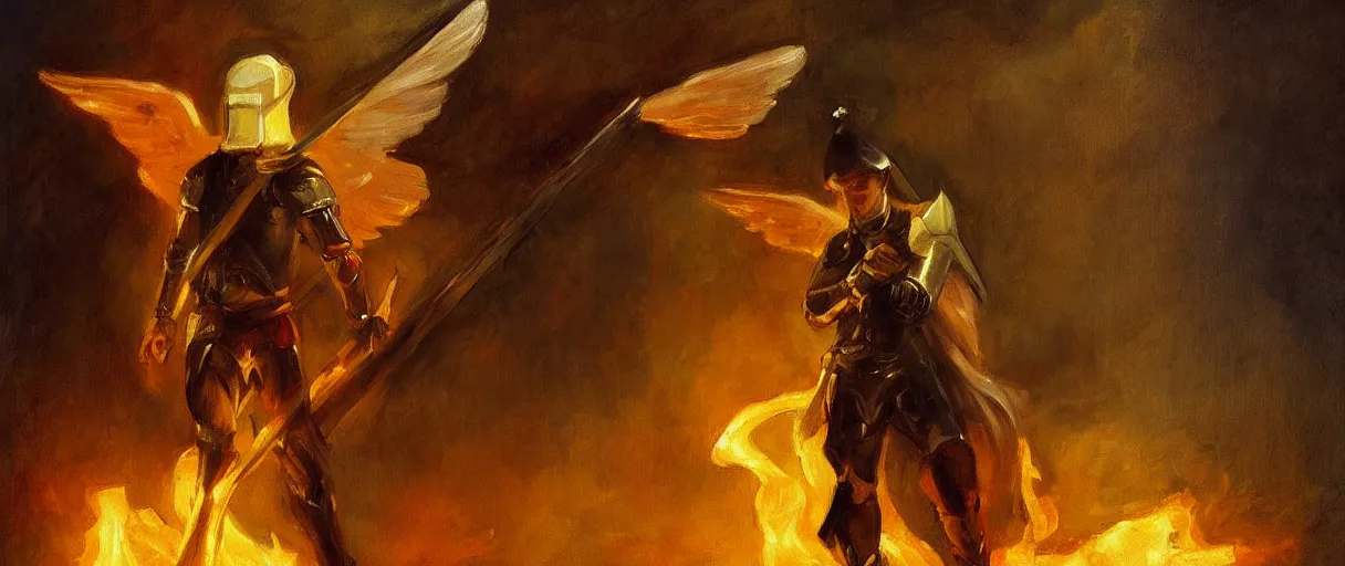 Image similar to a knight in a hall with an angel wing holding a sword of fire, digital oil painting, style of John singer Sargent, heroic, cinematic, indoor, warm lighting, godrays,