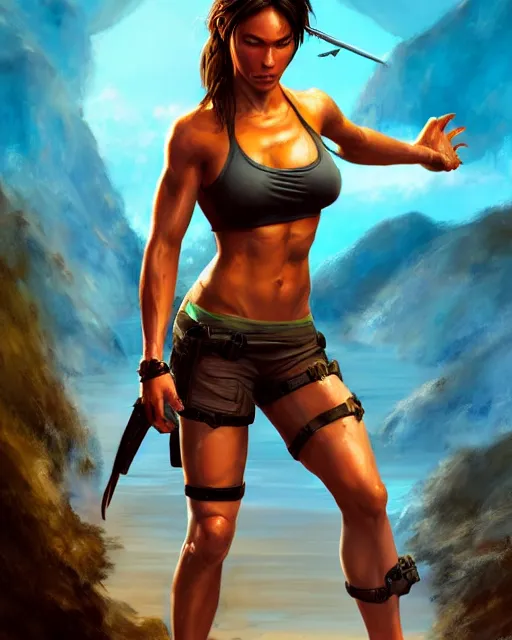 Image similar to lara croft, perfect face, bikini, abs, cinematic, stunning, athletic, strong, agile, highly detailed, beach, psychedelic, digital painting, artstation, smooth, hard focus, illustration, art by jessica rossier and and brian froud