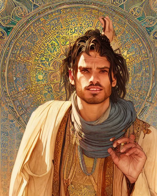 Image similar to male bedouin in the desert worshipping in the mosque, highly detailed, gold filigree, romantic storybook fantasy, soft cinematic lighting, award, disney concept art watercolor illustration by mandy jurgens and alphonse mucha and alena aenami, pastel color palette, featured on artstation