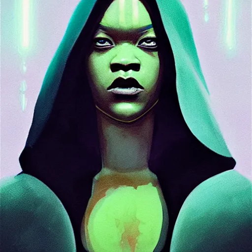 Image similar to star wars sith lord Rihanna profile picture by Greg Rutkowski, mod green Bob wig, hooded fur coat, asymmetrical, futuristic, volumetric lights, streetwear, studio ghibli, Organic Painting , Matte Painting, geometric shapes, hard edges, trending on the artstation, fantasy LUT, realistic by Sachin Teng + Martin Grip + Moebius + Patrick Gleason, smooth, sharp focus, illustration, art by John Collier and Albert Aublet and Krenz Cushart and Artem Demura and Alphonse Mucha, techwear, Industrial Scifi, detailed illustration, character portrait,