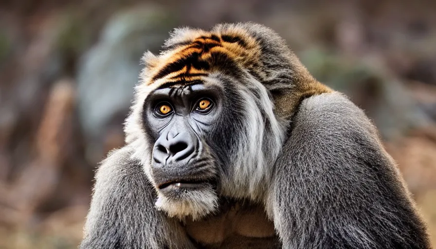 Image similar to a tiger gorilla!!! hybrid! hyper realistic!! realistic lighting!! wildlife photographer of the year!!! bold natural colors, national geographic, hd, wide angle, 8 k