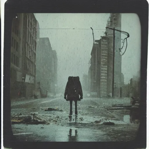 Image similar to old polaroid of a big weird creature walking on a destroyed city, rain, dark sky