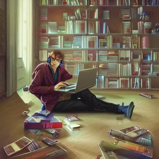 Image similar to a skinny computer nerd guy sitting on the floor of his room, crossed legs, laptop, smartphone, video games, tv, books, potions, jars, shelves, knick knacks, tranquil, calm, sparkles in the air, magic aesthetic, fantasy aesthetic, colorful, whimsical aesthetic, by stanely artgerm, tom bagshaw, arthur adams, cane griffiths, trending on deviantart, street art, face enhance, chillwave, maximalist