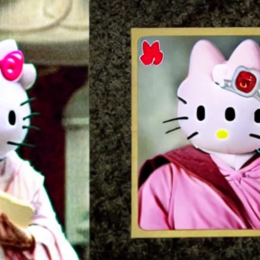 Image similar to portraid of gandalf wearing a Hello Kitty costume, holding a blank playing card up to the camera, movie still from the lord of the rings