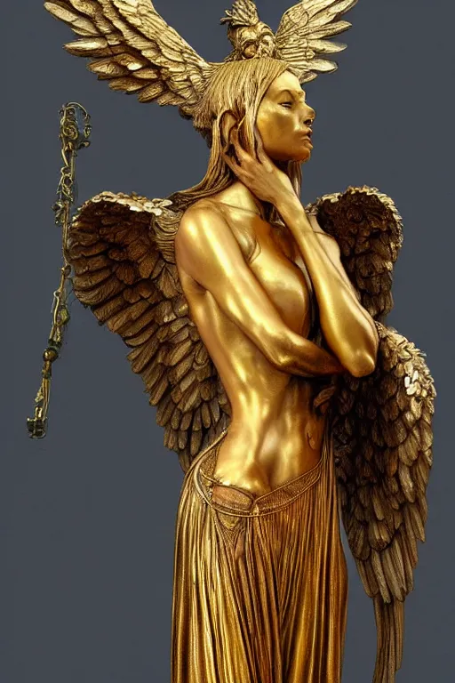 Image similar to realistic detailed statue the holy sacred mechanic angel with ethereal golden wings, made by Karol Bak, Mark Brooks and Bernini. Rich colors. Beksinski and Gerhard Richter painting. Masterpiece