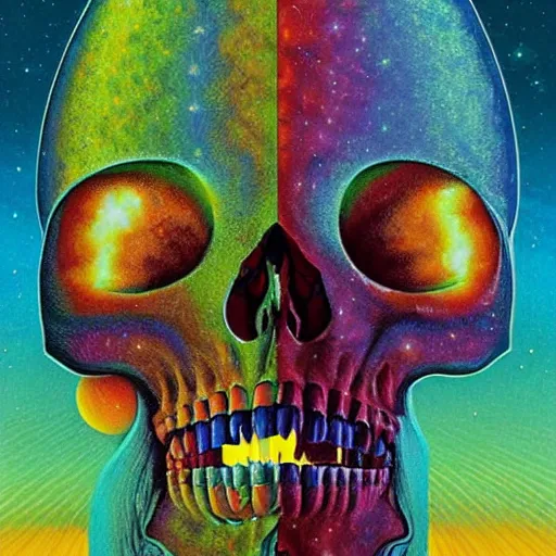 Prompt: ngc 3132 falling pixel waterfall skull portrait mysterious landscape by Roger Dean Casey Weldon, edge of the world, composite, colorful, high quality, featured art print, trending on behance