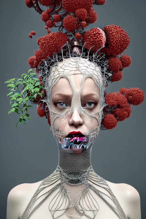 Image similar to complex 3 d render, hyper detailed ultrasharp beautiful biomechanical mandelbrot fractal steampunk filigree mesh wire female cyborg portrait with a porcelain profile face, albino afro, elegant crown with big hydrangea foliage leaves stems roots, red lips, alexander mcqueen haute couture, art nouveau fashion, octane render, 8 k