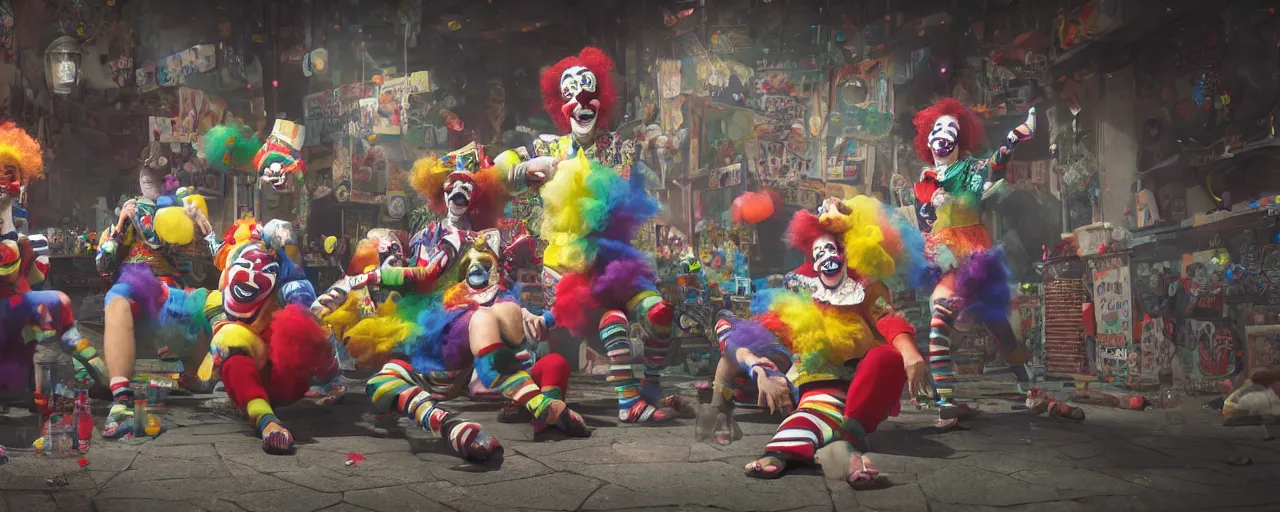 Prompt: clown gang drinking, wide angle, photo realistic, extreme detail, 8K , octane render, cinematic