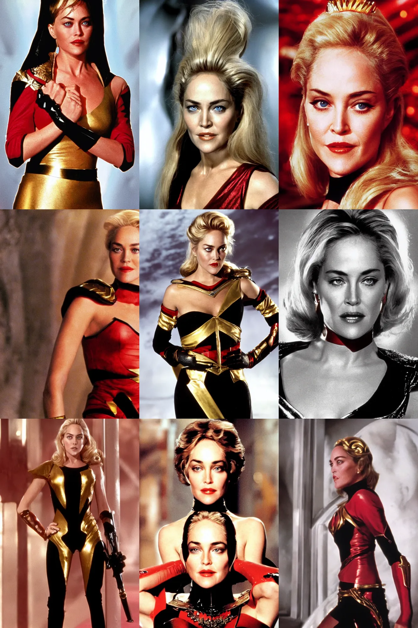 Image similar to Head Shot of a young Sharon Stone as Princess Aura in Flash Gordon 1980, Red Gold and Black outfit, film still