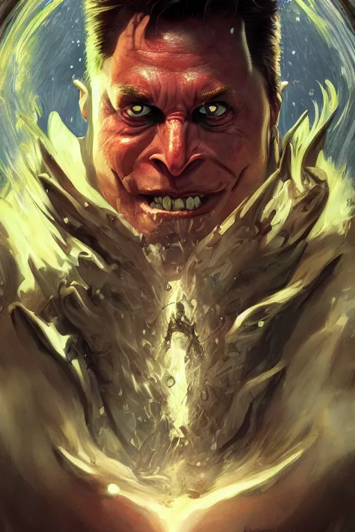 Image similar to portrait of elon musk as a hulking herculean demon orc bugbear clown, godlike, upper body, fantasy, intricate, elegant, highly detailed, digital painting, artstation, concept art, sharp focus, illustration, art by artgerm and greg rutkowski and alphonse mucha