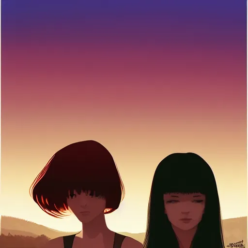 Image similar to 2 women standing side by side watching the sun go down by ilya kuvshinov