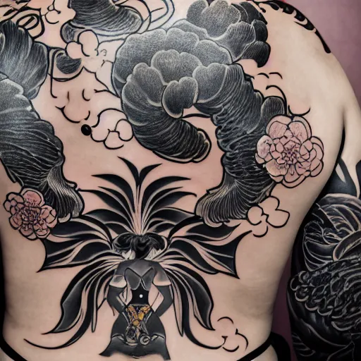 Image similar to photography of the back of a woman with a black detailed irezumi tatto representing a big gold tiger with pink flowers on her entire back, dark hangar background, mid-shot, editorial photography