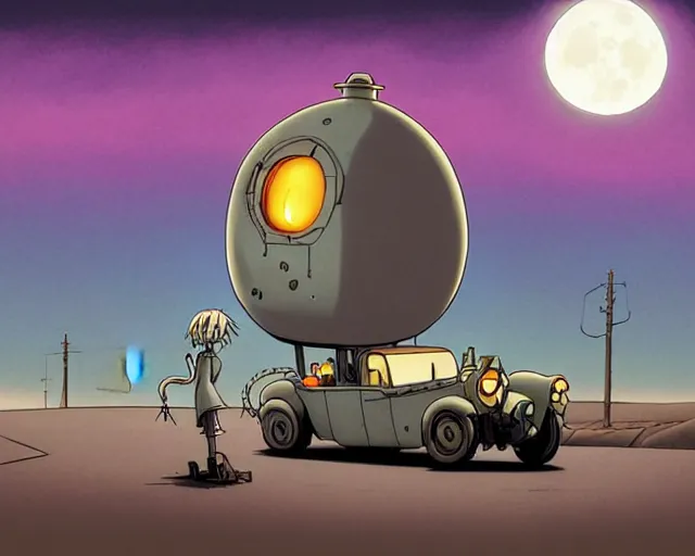 Image similar to a cell shaded cartoon grey lovecraftian mechanized lightbulb from howl's moving castle ( 2 0 0 4 ), with a big head, on a desert road, wide shot, in front of a big moon, muted colors, post grunge, josan gonzales, wlop, by james jean, victor ngai, hq, deviantart, art by artgem