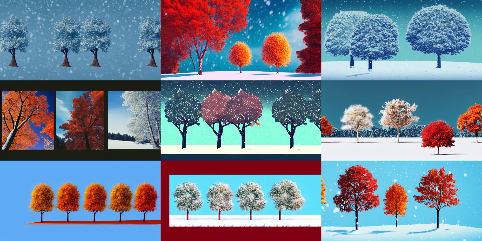 Prompt: a single illustration of four trees, one tree blooming in the spring, one tree with green leaves in the summer, one tree red leaves in the autumn, and one tree covered in snow in the winter, blue sky, cinematic, ultra detailed, intricate, sharp focus, digital illustration