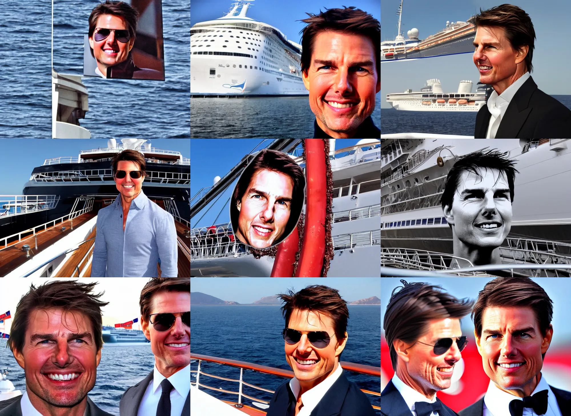 Image similar to tom cruise's face on the bow of a cruise ship