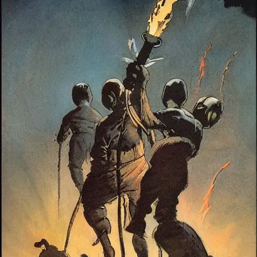 Image similar to mob of torch welding villagers walking up a hill at night. Artwork by Frank Frazetta