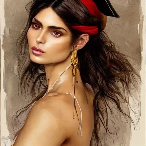 Prompt: Portrait of a Brazilian Supermodel dressed as a Pirate, Watercolor, photorealistic, high resolution, award winning, trending on artstation, olive skin, long dark hair, beautiful bone structure, intricate, elegant, highly detailed, digital painting, artstation, concept art, smooth, sharp focus, illustration, art by artgerm and greg rutkowski and alphonse mucha