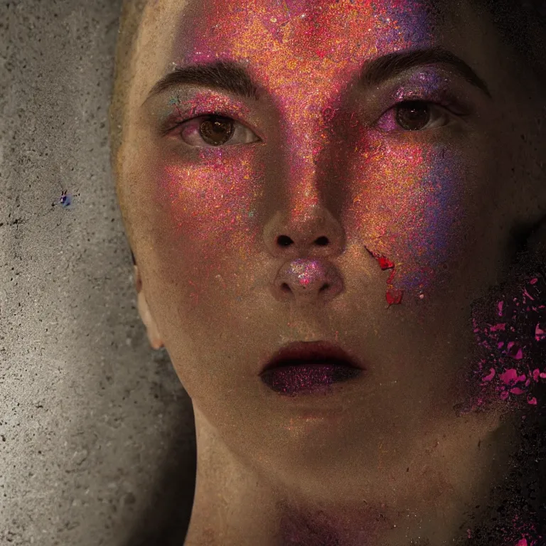 Prompt: wide angle octane render by wayne barlow and carlo crivelli and glenn fabry, the face of a woman with dramatic colorful shimmering makeup breaking through the cement wall of a brutalist government building, cinema 4 d, ray traced lighting, very short depth of field, bokeh