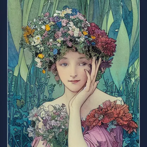 Image similar to a beautiful intricate watercolor illustration of a princess in a garden with flowers, leaves, 4 k, ultra - wide angle, by william turner, by victo ngai, by alphonse mucha, by moebius, by gustave dore, hd, trending on artstation, hyper detailed, muted intense colors