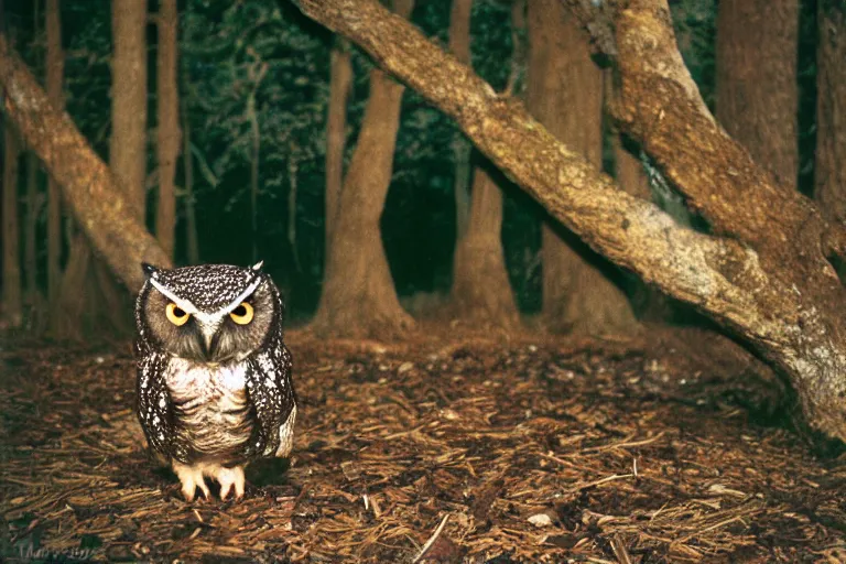 Prompt: a photo of an angry mutant portabella mushroom owl in its natural habitat, kodak ektachrome e 1 0 0 photography