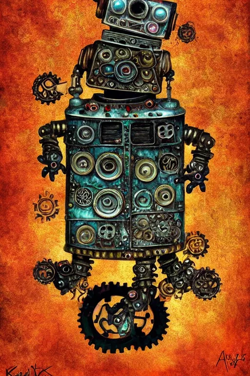 Prompt: robot pug, made of cogs, fairytale, magic realism, steampunk, mysterious, vivid colors, by andy kehoe