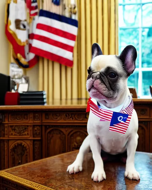 Prompt: White French Bulldog wearing a suit in the Oval Office with a flag in the background, detailed and intricate