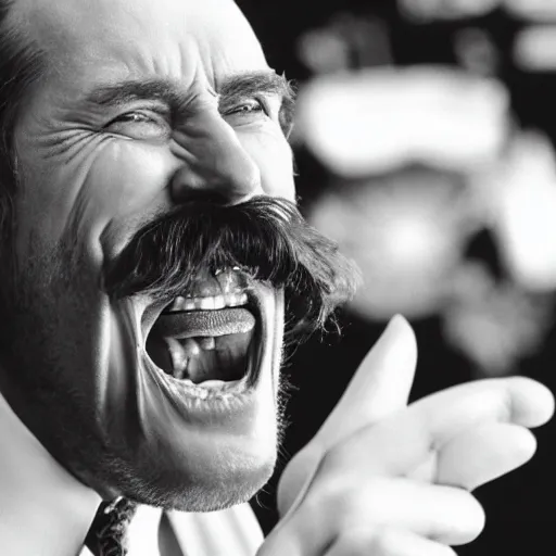 Image similar to Film still of a cackling man, bushy moustache, extreme close-up shot,