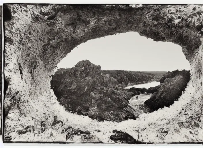 Image similar to Overlook of a river flowing through a geode, albumen silver print by Timothy H. O'Sullivan.