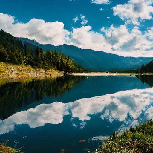 Image similar to beautiful still lake with reflective water, low mountains and beautiful far clouds