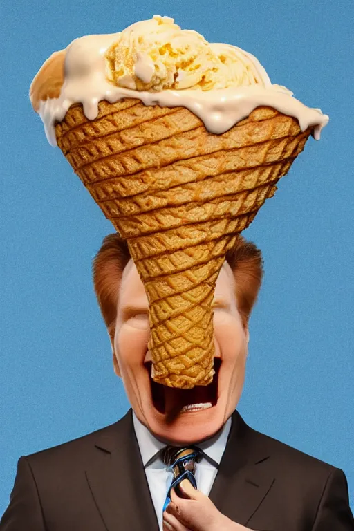 Image similar to 📷 conan o'brien the ice - cream cone 🍦, made of food, head portrait, dynamic lighting, 4 k