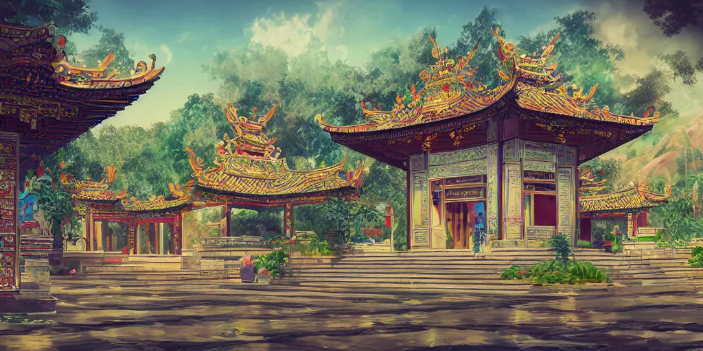 Image similar to vietnamese temple scene, 2 d game art background, sharp, detailed, intricate, game level design, cinematic lighting, trending on artstation, in style of vinodh sivaraja and lam manh