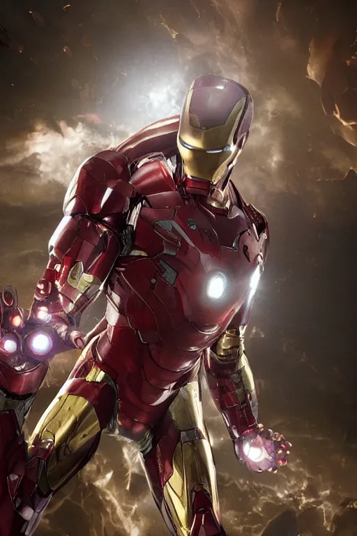 Image similar to iron man with the infinity gauntlet connected into the suit, cinematic, volumetric lighting, f 8 aperture, cinematic eastman 5 3 8 4 film, photorealistic