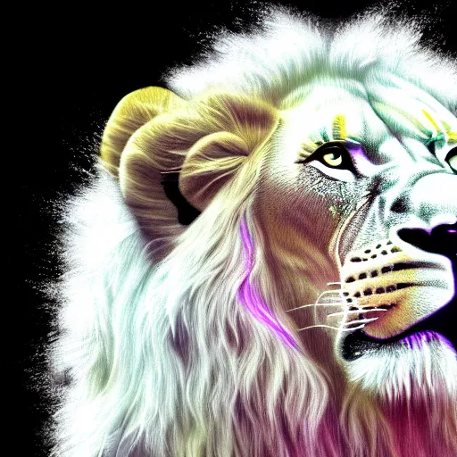 Image similar to vaporwave white lion close up with dynamic lighting and pastel pool background