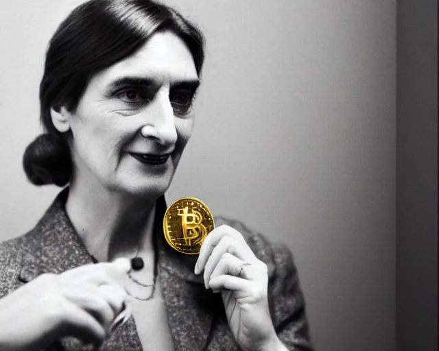 Image similar to ayn rand holding a golden bitcoin, commercial photo by david hamilton for vogue