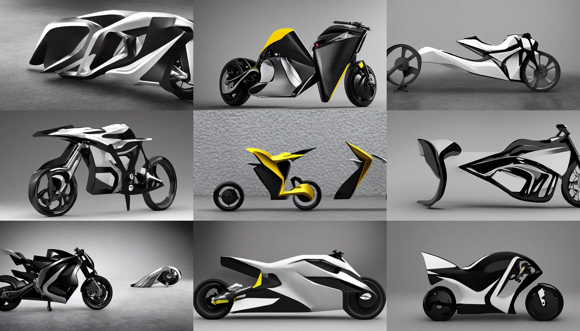 Prompt: motobike inspired by zaha hadid architects, akira and bumblebee