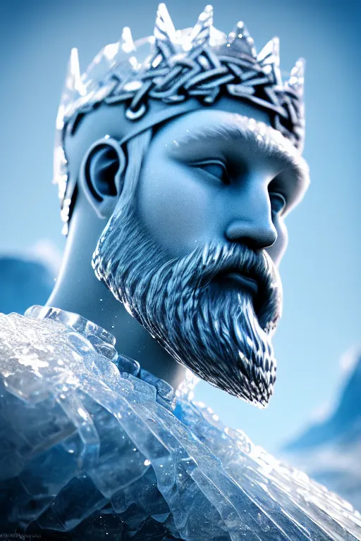 Prompt: photography of a hyper realistic clear ice statue of un unknow viking warrior god. stuning, intricate, complexe. snowy mountains dream landscape. professional digital art, unreal engine 5