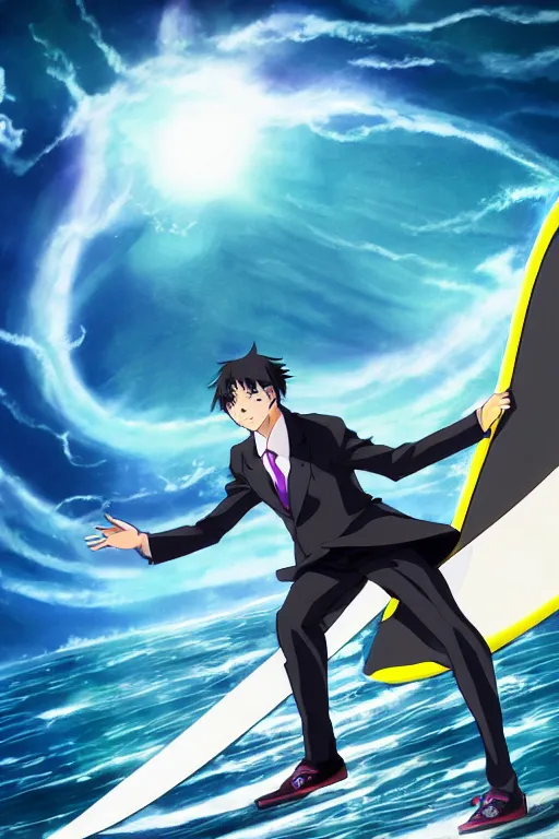 Image similar to anime guy in formal suit surfing through a wormhole using a high technology surfboard, wlop, trending on artstation, deviantart, anime key visual, official media, professional art, 8 k uhd