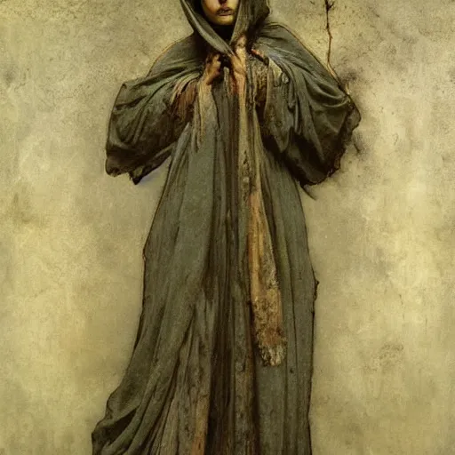 Image similar to hooded gaunt figure in long grungy decaying baptismal robes before a congregation of crows by nicola samori and tadema by greg rutkowski by alphonse mucha