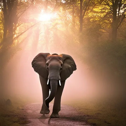 Prompt: An elephant walking in a forest, natural lighting, sunbeams, golden hour, misty atmospherics