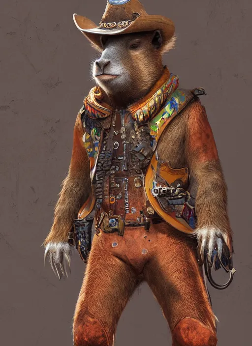 Image similar to detailed full body concept art illustration oil painting of an anthropomorphic capybara cowboy in full intricate clothing, biomutant, ultra detailed, digital art, octane render