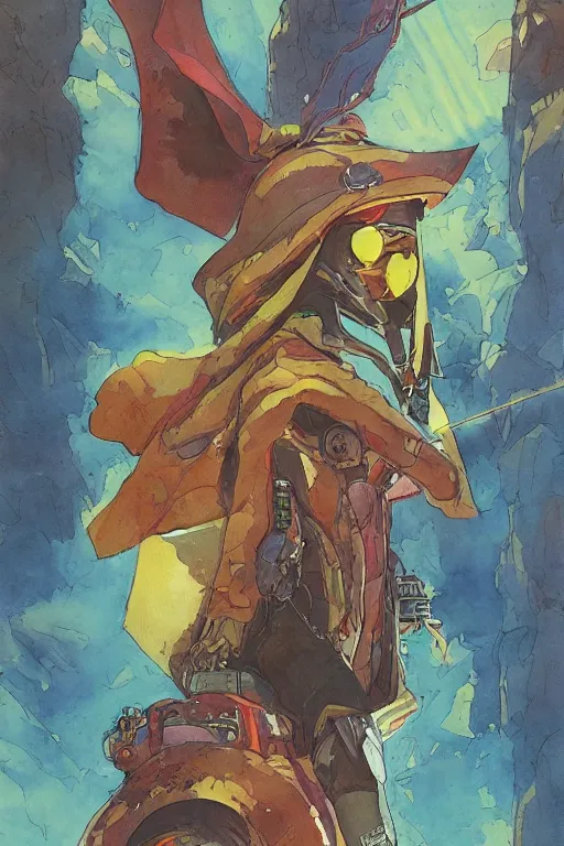 Image similar to wide angle on fantasy lama rider with hood or hat, scifi, art by moebius, in watercolor gouache detailed paintings, in style of syd mead, colorful comics style, artstation