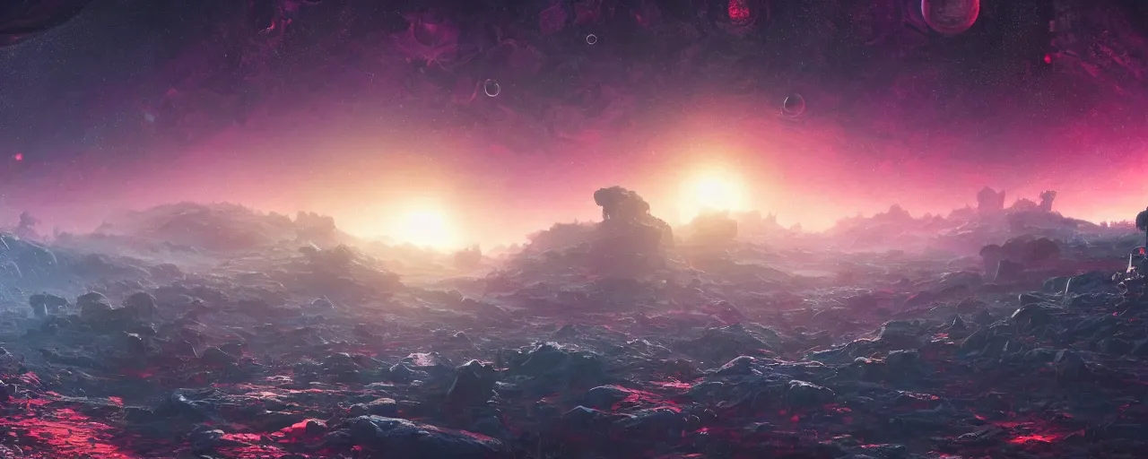 Image similar to ” outer planet landscape, [ cinematic, detailed, epic, widescreen, opening, establishing, mattepainting, photorealistic, realistic textures, octane render, art by paul lehr ] ”