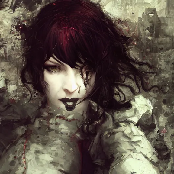 Image similar to christina hendricks goth, tankoban, 4 k, tone mapping, akihiko yoshida, james jean andrei riabovitchev marc simonetti, yoshitaka amano, long hair, curly, h. hydrochaeri