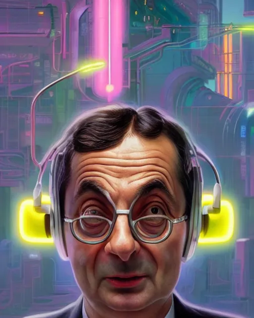 Prompt: mr bean as future coder man looking on, sleek cyclops display over eyes and sleek bright headphoneset, neon accent lights, holographic colors, desaturated headshot portrait digital painting by dean cornwall, rhads, john berkey, tom whalen, alex grey, alphonse mucha, donoto giancola, astronaut cyberpunk electric