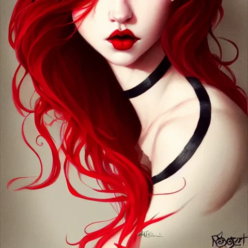 Image similar to a realistic illustration portrait of a beautiful cute girl with curly black and red hair, a pointy nose and, round chin black eyeliner, trending on artstation, hyper - realistic lighting, intricate, ross tran