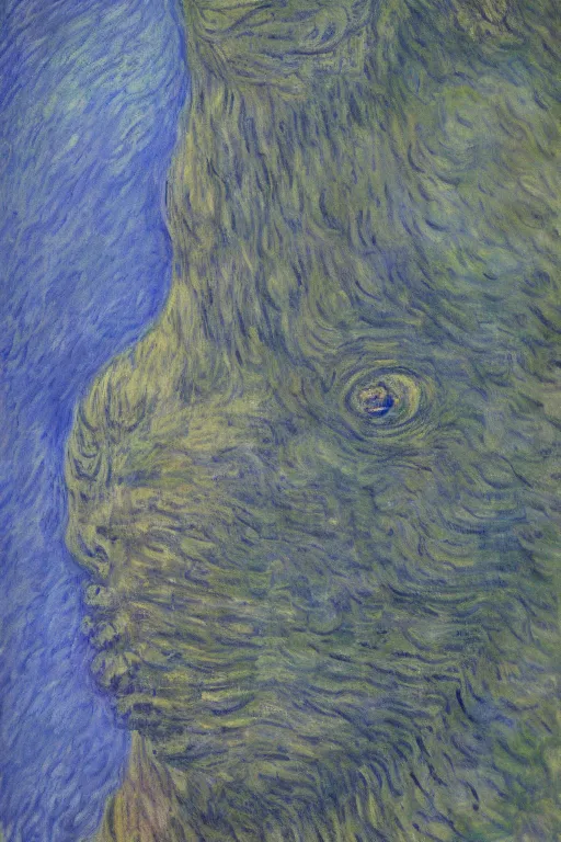 Image similar to shinzo abe face on Godzilla painting by claude monet