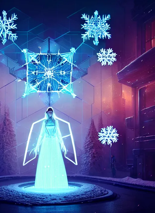 Image similar to a beautiful white queen with a giant snowflake as magic portal in the background, bokeh, glowing light orbs, intricate concept art, illuminated lines, outrun, vaporware, dark background, cyberpunk darksynth, ethereal, ominous, misty, 8 k, rendered in octane, by ruan jia and jeremy mann and alphonse mucha