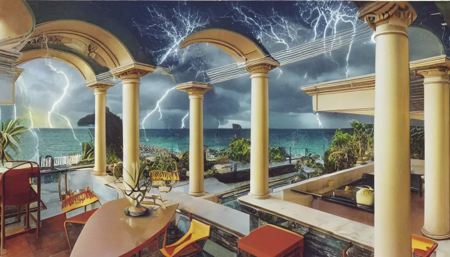 Prompt: A 1985 magazine architecture photo of a kitchen, mediterranean balustrade and columns, refracted lines and sparkles, thunderstorm outside, beach and Tropical vegetation on the background major arcana sky and occult symbols, kitchen by paul delaroche, hyperrealistic 8k uhd, award-winning, 1985